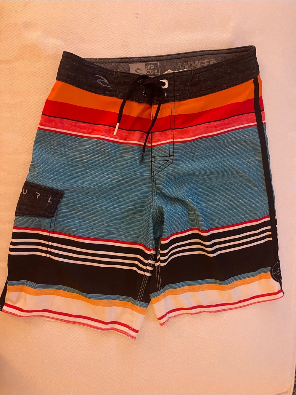 Rip Curl Boys Size 25 Blue Striped Boardshorts with Orange and Red Accents